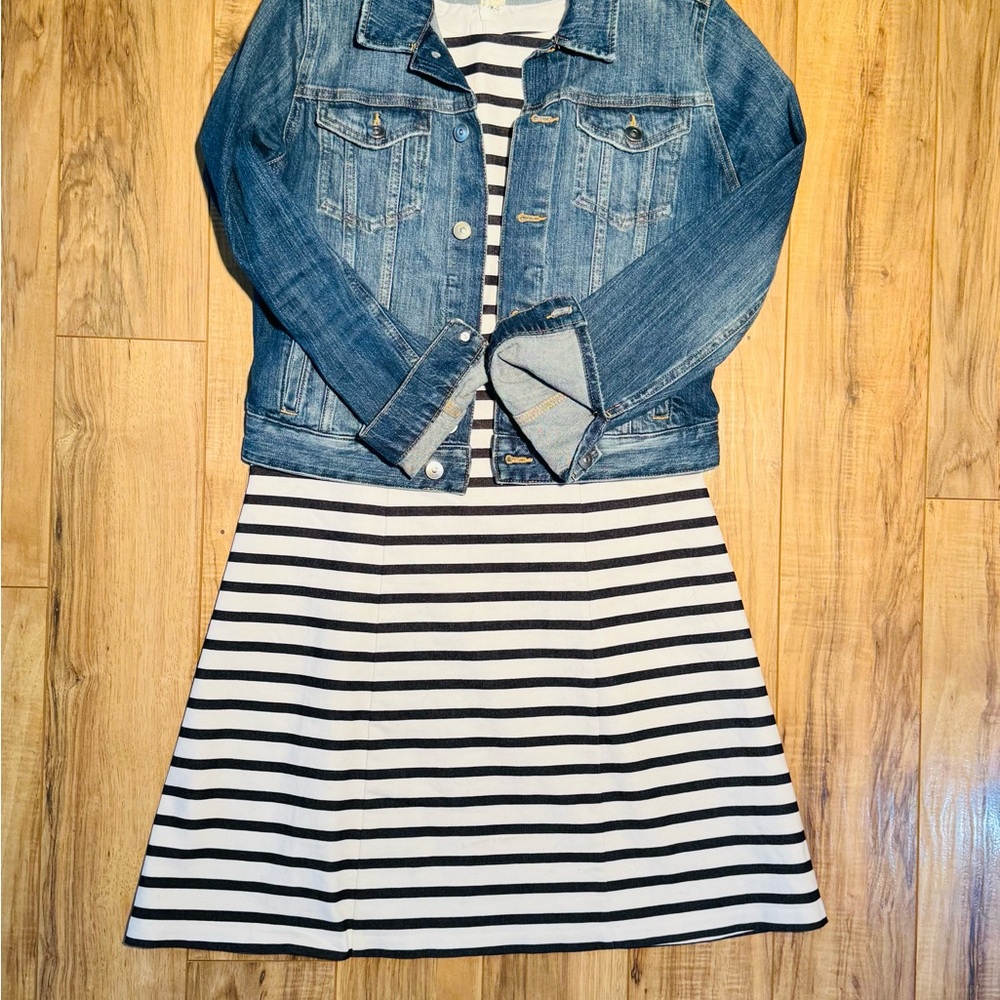 H&M Blue Denim Jacket with Black and White Striped Dress